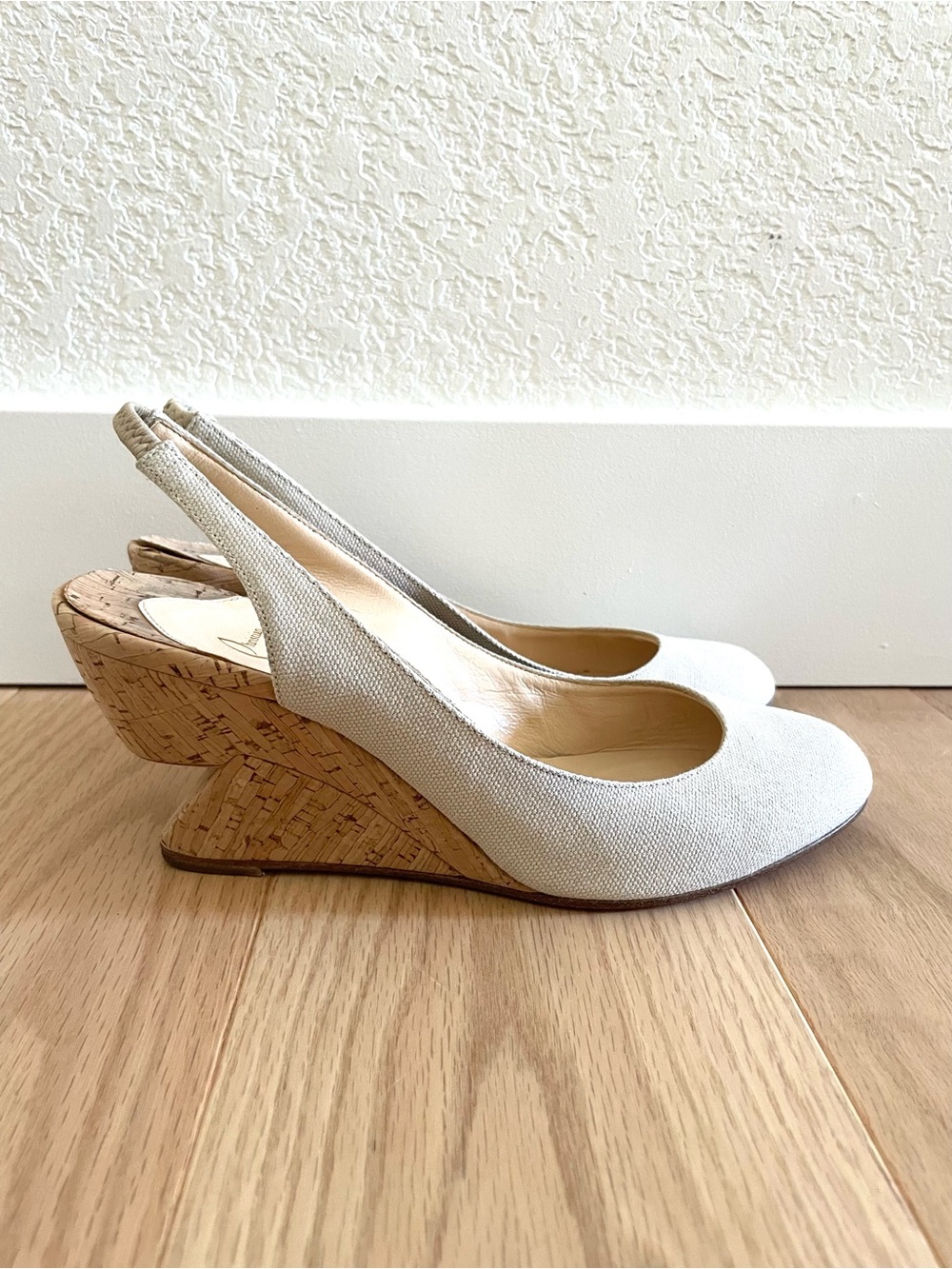 Christian Louboutin Bebe-Fusee Sculptural Canvas Cork Wedge Slingbacks 37